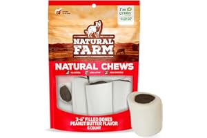 Natural Farm Peanut Butter Filled Bones (3-4 Inch, 6 Count), Limited Ingredient, Natural Stuffed Dental Dog Bone Treats for Dogs, Made with Real Beef