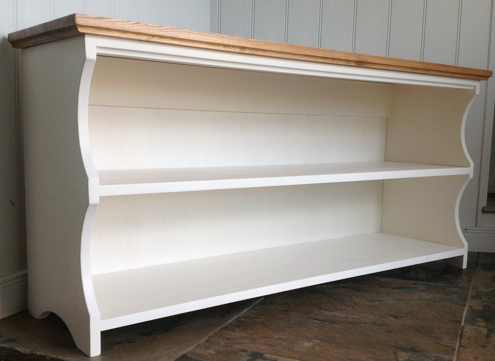 Original Crate Furniture Shoe rack and bench seat solid wooden 2 tier hallway storage organizer cabinet and shelves with or without back painted in Antique white with an Antique Pine top
