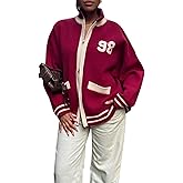 TELUPDI Women’s Red Bomber Jacket Lightweight Varsity Button Down College Style Short Jacket with Pockets for Fall Outfits