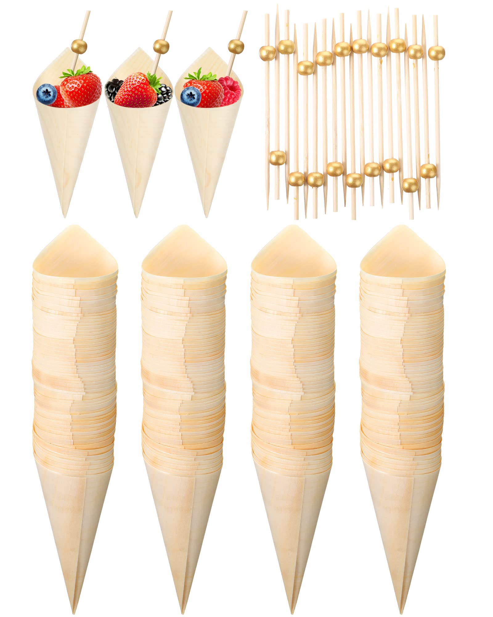 Photo 1 of 400 Pcs Disposable Wood Cones Pearl Cocktail Picks Fancy Bamboo Toothpicks for Appetizers Wooden Food Picks Ice Cream Cone Holder Cocktail Skewers for Drinks Wedding Birthday Party Supplies (gold)
