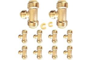 HeSun 10-Pack Pushfit Tee, 3/4"x3/4"x1/2" Push to Connect Plumbing Fittings with Disconnect Clips, Brass Push-fit Fittings for PEX, Copper, CPVC, PE-RT Pipes