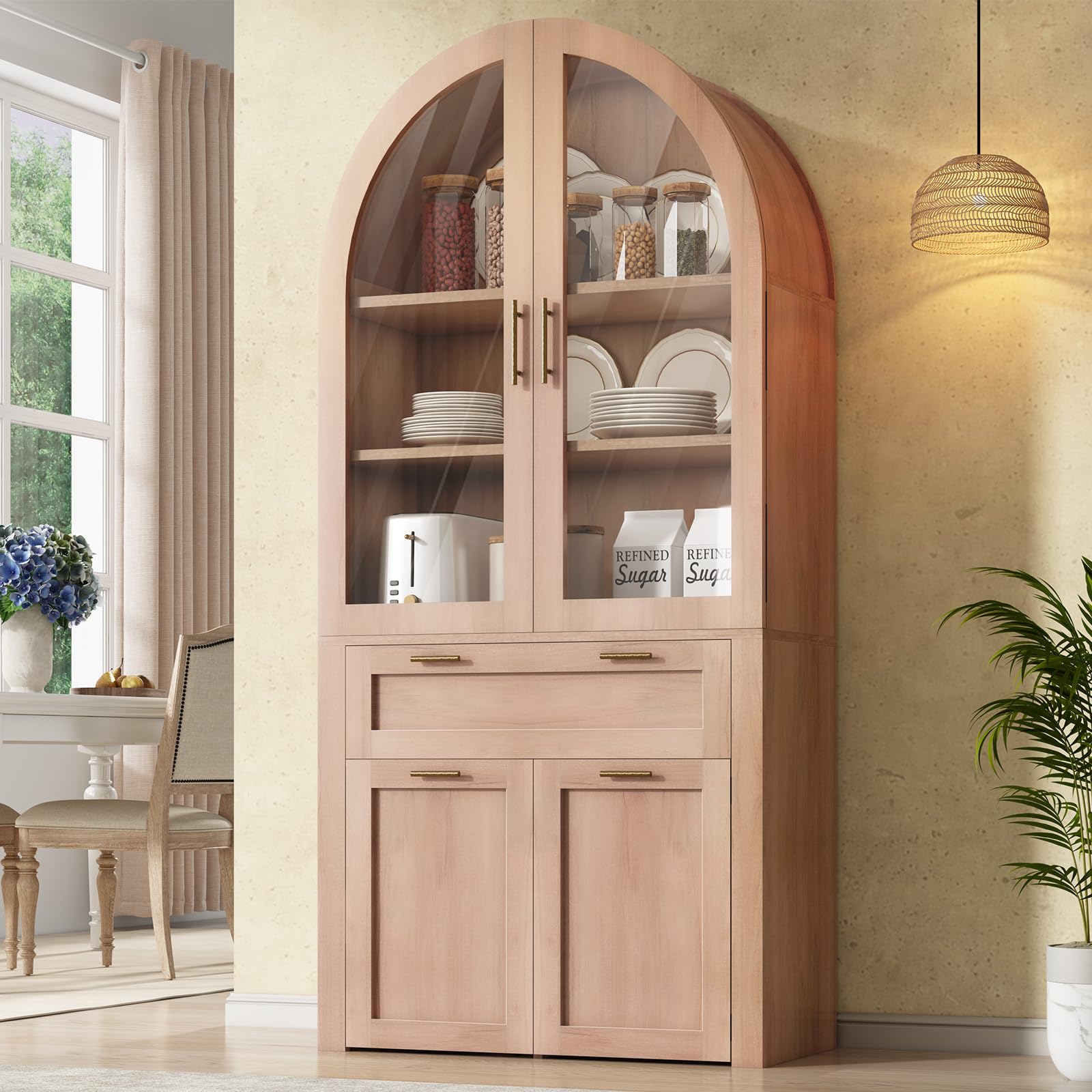 Itaar 71" Arched Kitchen Pantry Cabinet, Kitchen Storage Cabinets with 1 Large Drawer & Storage Cart 2 Tier & Door Shelves for Living Room, Dining Room, Natural Oak