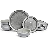 Sango Asher 12-Piece Stoneware Dinnerware Set for 4, Gray Ceramic Plates and Bowls Sets, Modern Dish Set with Reactive Glaze, Durable Kitchen Dishes for Casual Dining, Microwave & Dishwasher Safe
