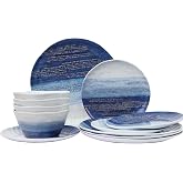 Melamine Dinnerware Sets, 12-Piece Nautical Plates and Bowls for 4, Lightweight, Durable and Stackable for Camping, RV, Picnic and Outdoor Dining, Coastal Blue