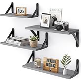 YGEOMER 4 Different Sizes Floating Shelves for Wall Home Decor, Grey | Rustic wood shelves in mixed sizes for flexible combined storage. Fits bathroom, kitchen, living room, bedroom and office.