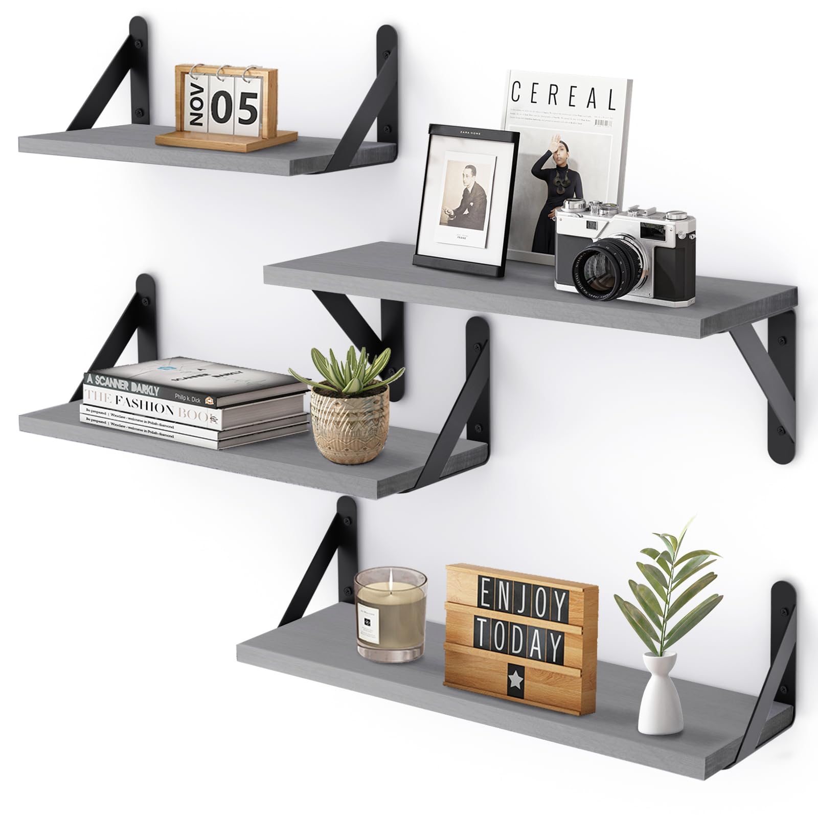 Photo 1 of YGEOMER Floating Shelves for Wall, Different Sizes Gray Wall Shelves for Living Room, Bathroom, Bedroom, Kitchen, Home Decor (Set of 4)