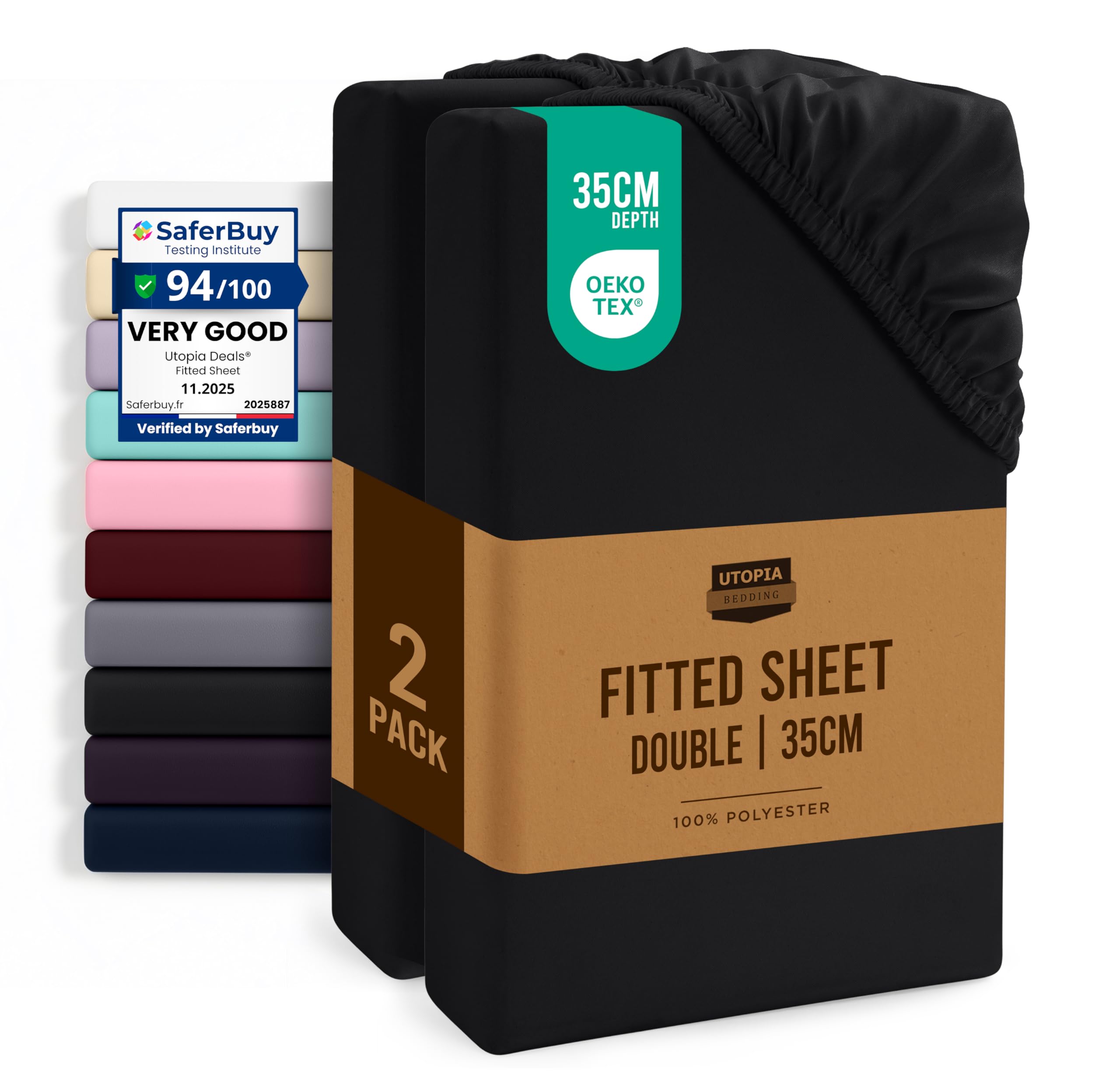 Utopia Bedding Fitted Sheet Double (2 Pack), Black - Deep Pocket 14 inch (35 cm) - Oeko Tex Certified - Easy Care - Soft Brushed Microfibre Fabric - Shrinkage and Fade Resistant - Bottom Sheet