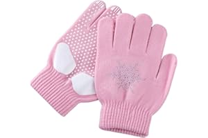 Wedhapy Figure Skating Gloves for Kids, Non Slip Thick Knitted Ice Skating Gloves with Rhinestone Snowflakes, Warm Winter Acc