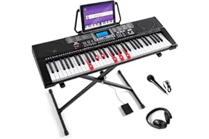 MUSTAR Piano Keyboard, MEKS-500 61 Key Learning Keyboard Piano with Lighted Up Keys, Electric Piano Keyboard for Beginners, Stand, Pedal, Headphones/Microphone, USB Midi, Joystick, Built-in Speakers