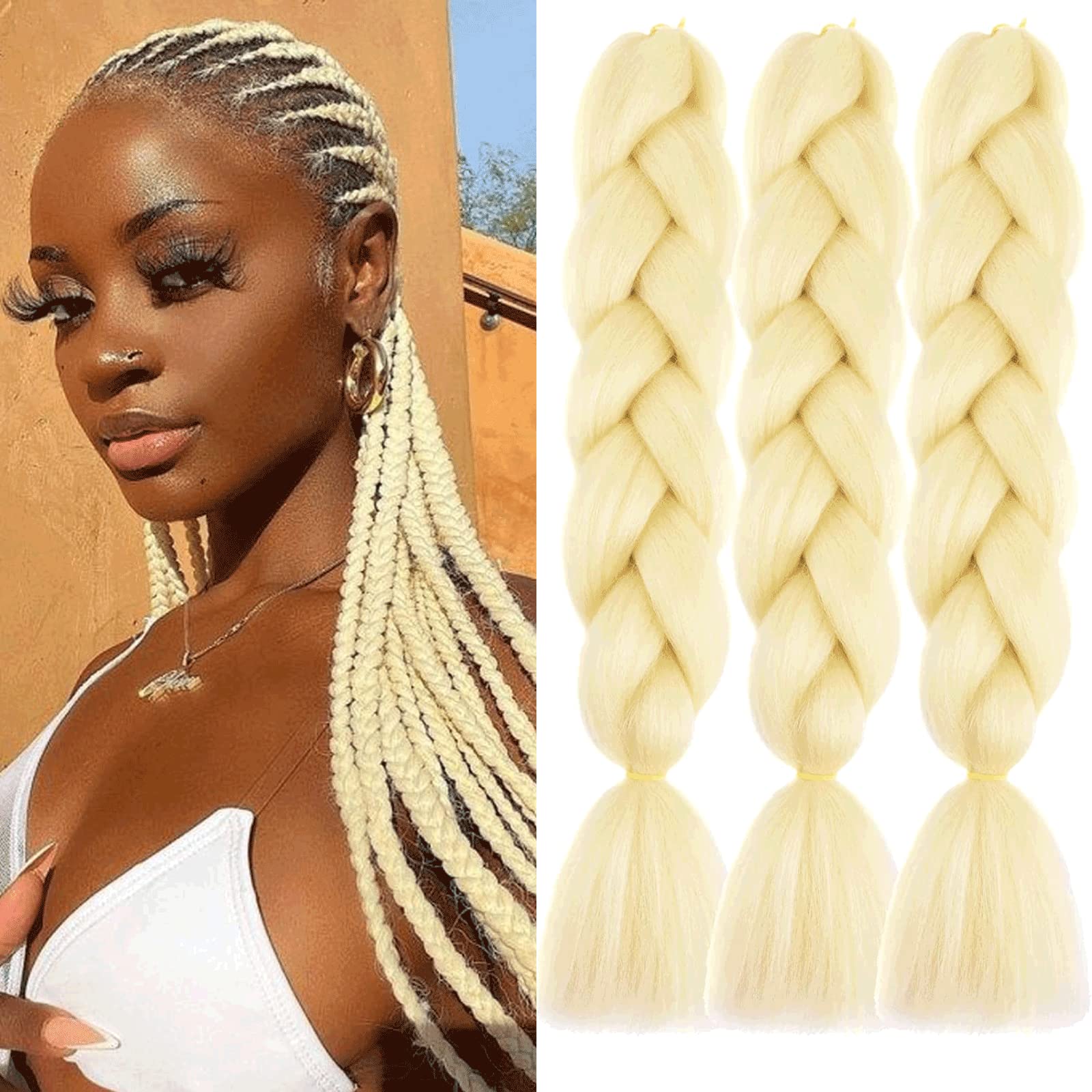 Xtrend 3 Packs 24 Inch Jumbo Braiding Hair Extensions for Women Blonde High Temperature Kanekalon Braiding Hair for Twist Crochet Box Braids(3Packs,613#) โ image 1