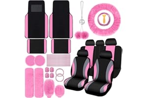 ROCEEI 47 Pcs Car Seat Cover Full Set Car Accessories for Front Rear Seat Fluffy Steering Wheel Cover Belt Automotive Floor Mats Air Conditioner Decoration Strip(Black and Pink)