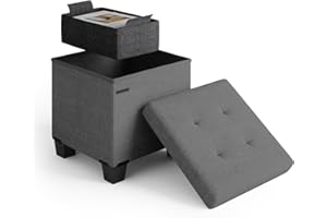 STORAGEBUD Storage Ottoman Cube with Small Bin, 16-in Square Ottoman with Storage for Living Room and Bedroom, Small Ottomans Foot Rest, Fabric Foot Stools Ottomans Max 330lbs, Grey