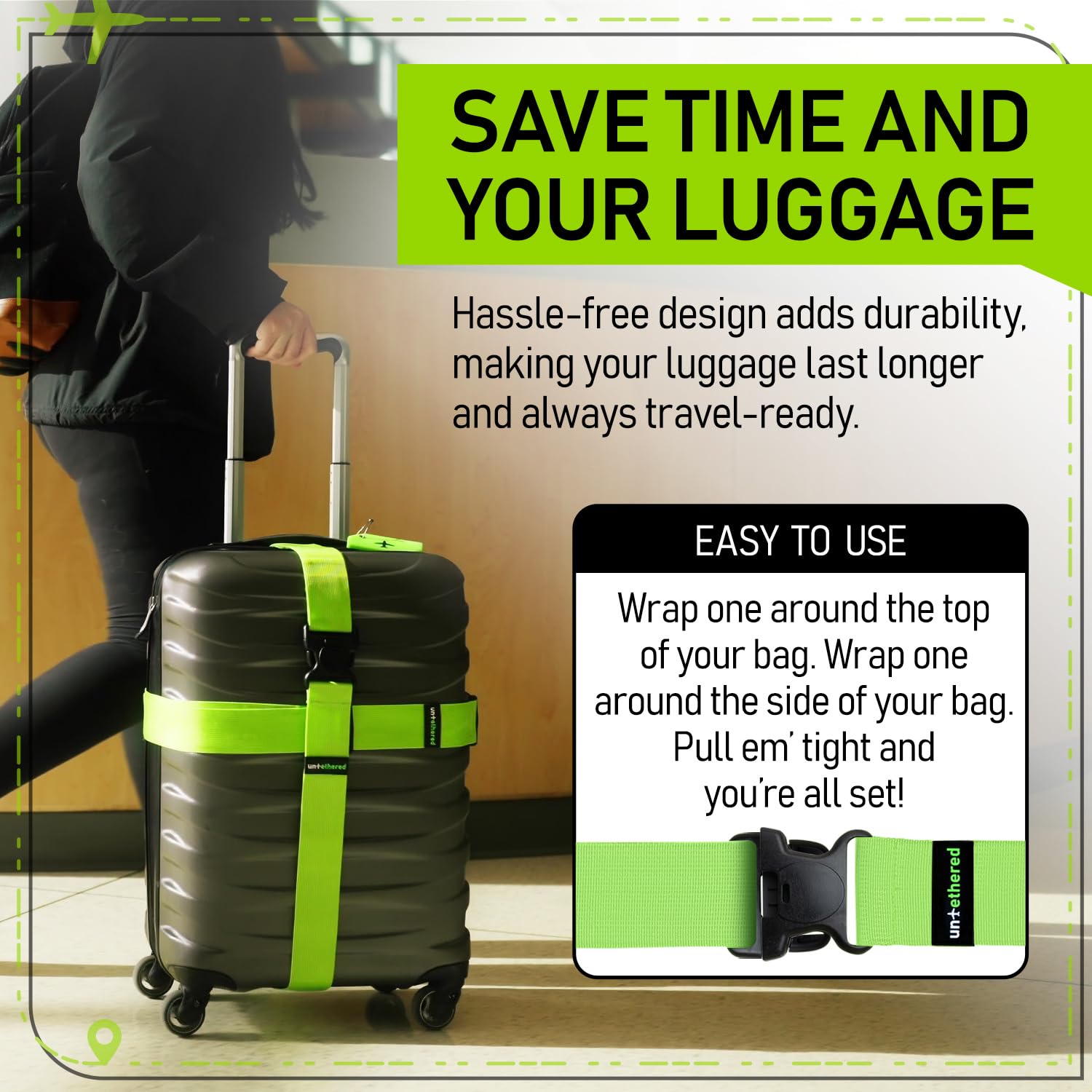 Untethered Untethered Luggage Straps | TSA-Approved Suitcase Belts with Heavy-Duty Buckles. Secure Adjustable Travel Accessories for Checked Bags. 4-Pack