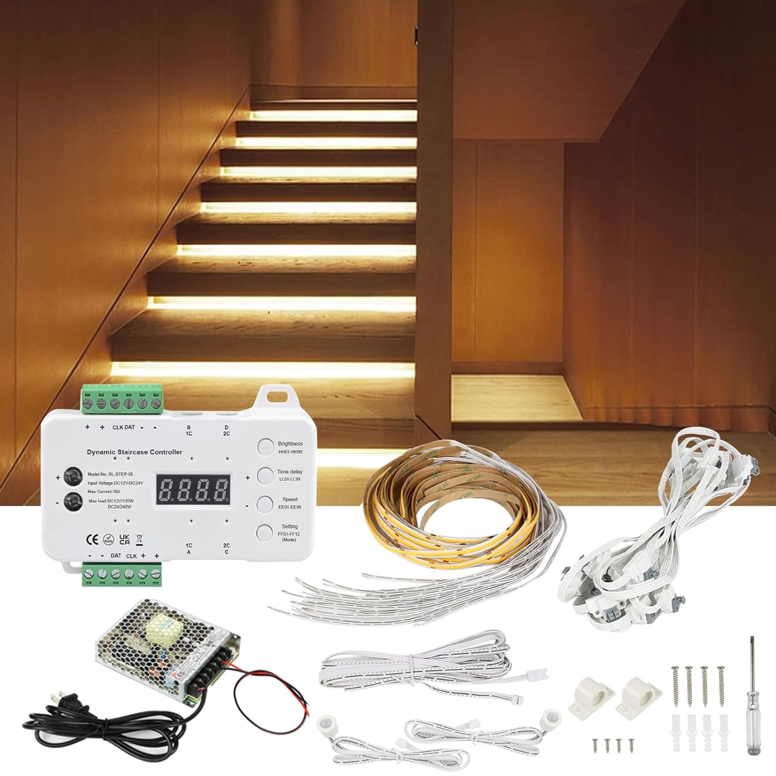 Photo 1 of Copgge Indoor Motion Sensor Stair Light With Main Wire - COB LED Strip Under Tread Cascading Running Staircase Lighting for 20 Steps New Construction