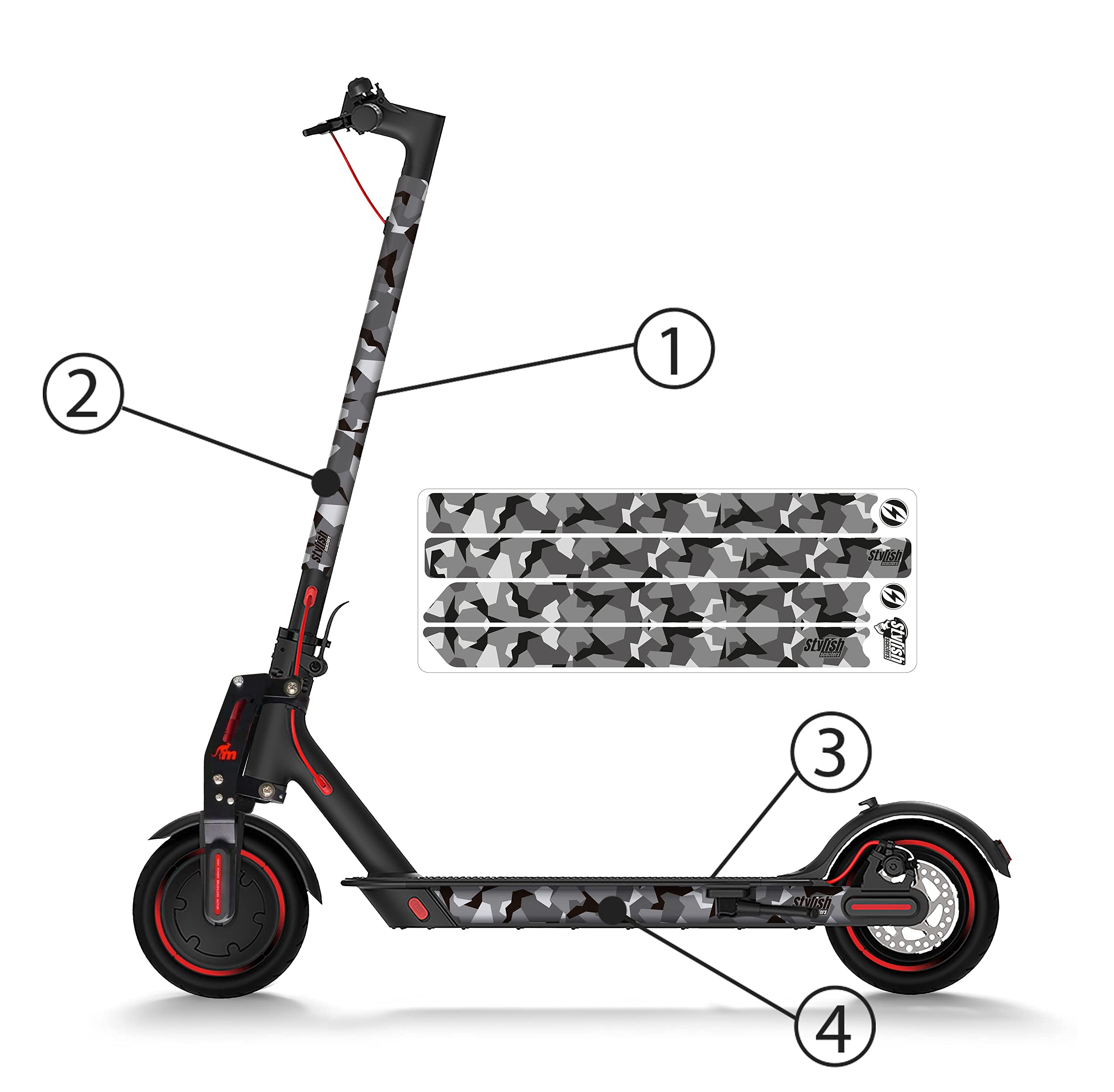 STYLISH SCOOTERS | Reflective Stickers Model Black Camo | Contains 4 Pieces Suitable for Xiaomi M365, Pro, Essential, S1, Pro2