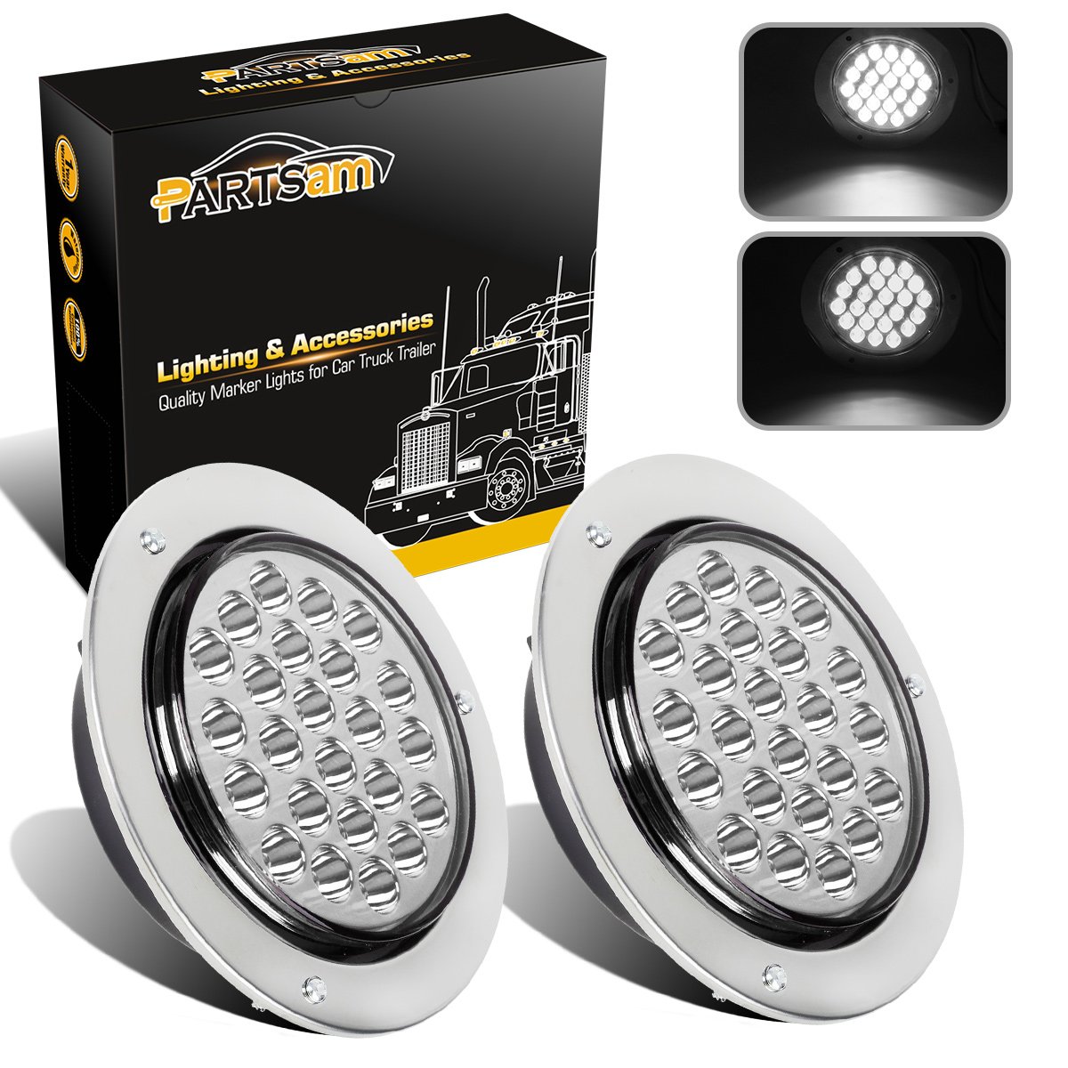 Photo 1 of Partsam 2pcs 4" Round White 24 LED Truck Trailer Light Reverse Backup Running Light + Chrome/Wire