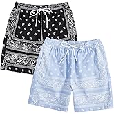 Floerns 2 Pack Men's Boho Drawstring Waist Paisley Print Summer Beach Shorts