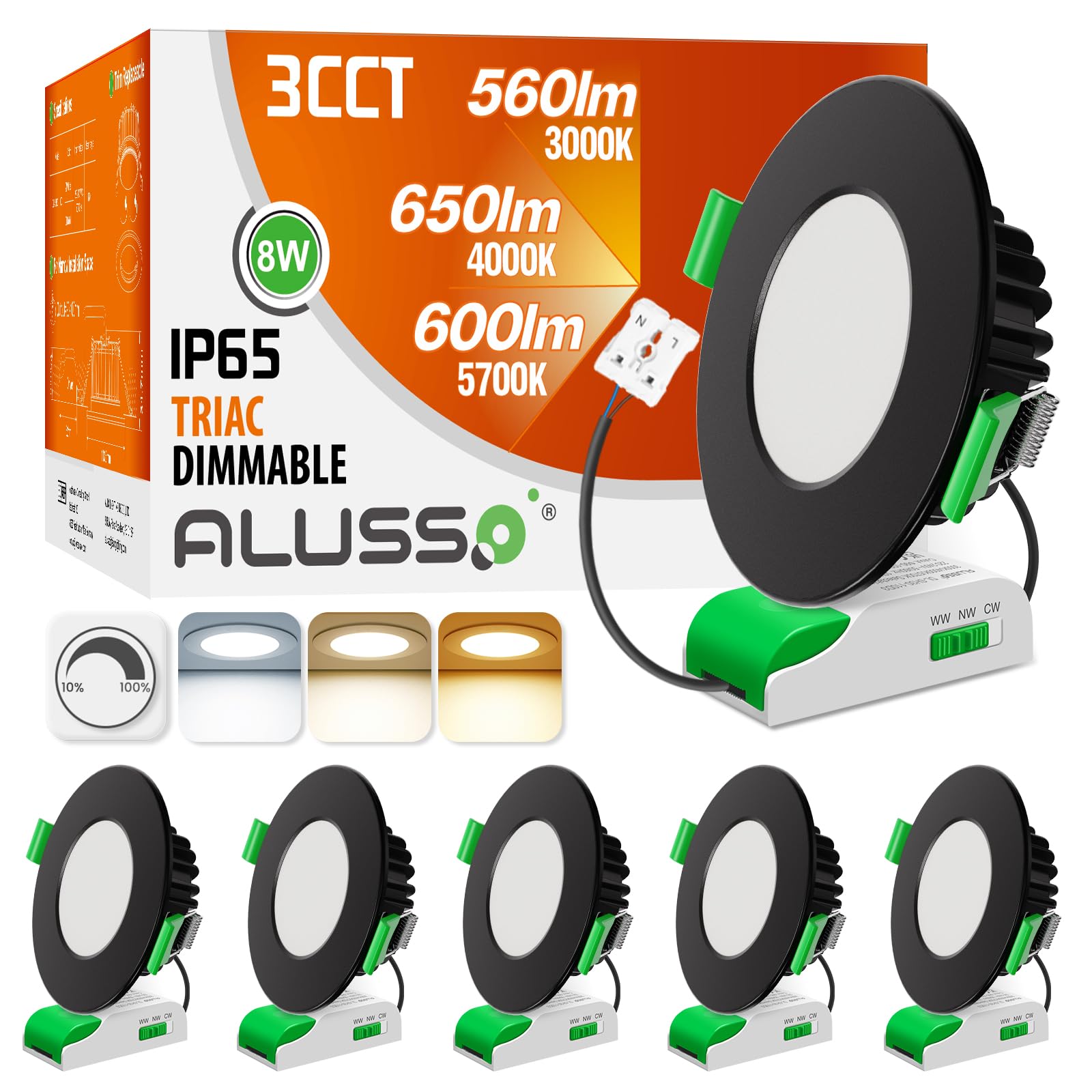 ALUSSO IP65 LED Downlights Ceiling Dimmable 8W Recessed Ceiling Lights Warm White 3000K Neutral White 4000K Cool White 5700K Adjustable Bathroom Kitchen Spotlights, Black, 6 Pack