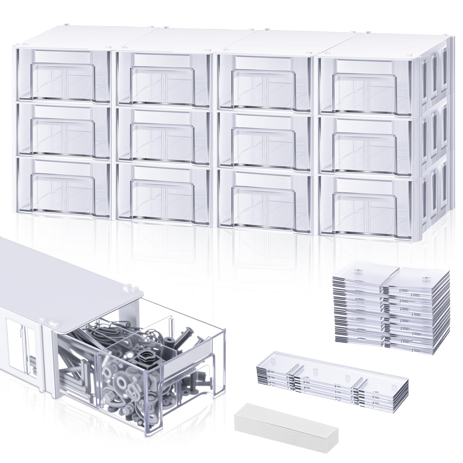 Photo 1 of Sunnychicc 20 Pcs Stackable Drawer Screw Organizers with 60 Clear Dividers and 20 Tag Card Hardware Storage Bins Wall Mounted Plastic Drawers Storage Closet for Garage Home Office