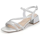 IDIFU IN2 Rhinestone Low Heels for Women Sparkly Dressy Block Short Strappy Square Open Toe Chunky Heeled Sandals Prom Wedding Bride Party Dress Shoes Comfortable Bling Thick Heels