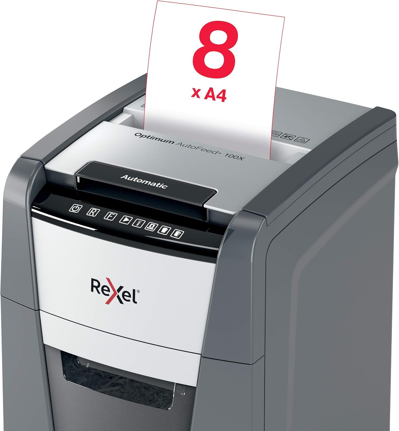 Rexel Optimum Auto Feed+ 100 Sheet Automatic Cross Cut Paper Shredder, P-4 Security, Home/Home Office, 34 Litre Removable Bin - Image 4