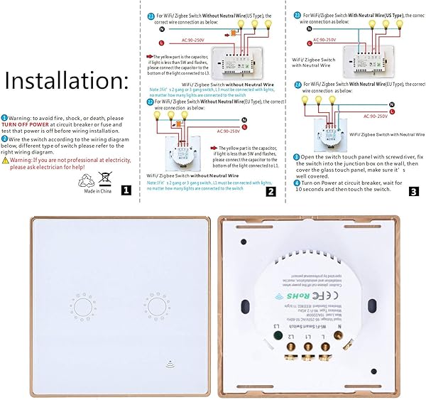 Smart Switch Smart WiFi Light Switch Funciona con Alexa Echo dot Google Home IFTTT Roqi y iOS Siri corriente nominal de 10A certificacin de producto CE FCC y ROHS estndar del Reino Unido mat