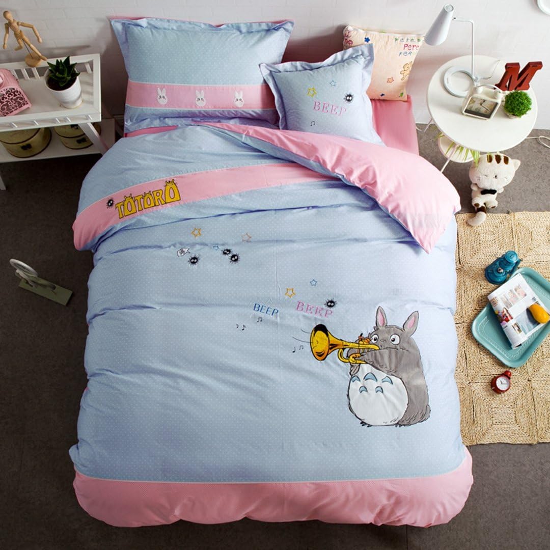 CHERRY CASA 100% Cotton Applique Embroidery Kids Bedding Set My Neighbor Totoro Duvet Cover and Pillow case and Flat Sheet,Girls,Girls,3 Pieces,Twin