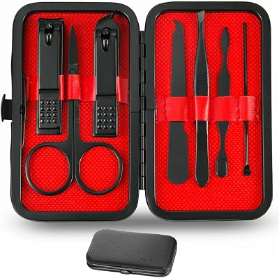 Jiaweixiang 7-Piece Manicure Pedicure Kit Stainless Steel Black Leather Case