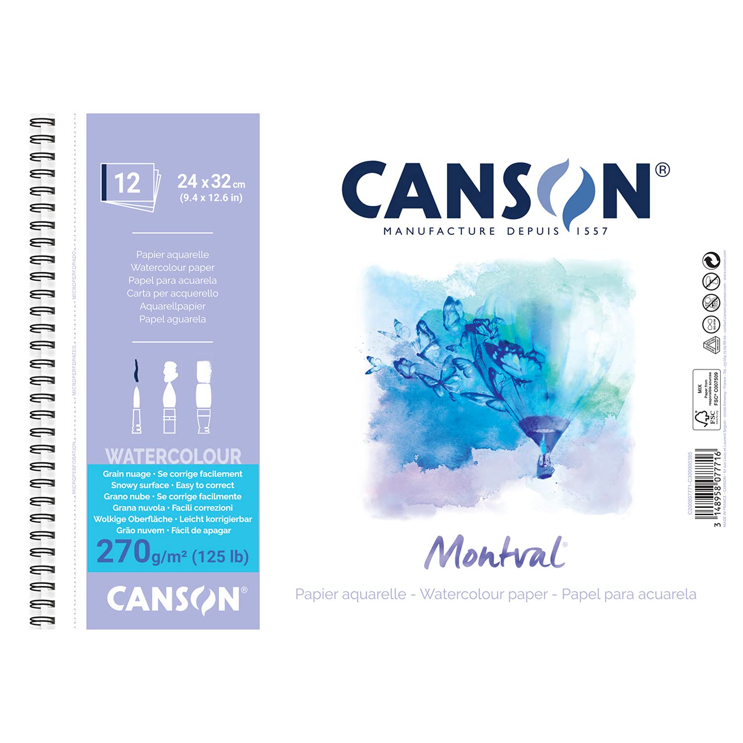 Canson AQ Montval Torchon Watercolour – 270 g/m², 12 Sheets Per Block Spiral on Short Edge, White 24 x 32 cm weiß
