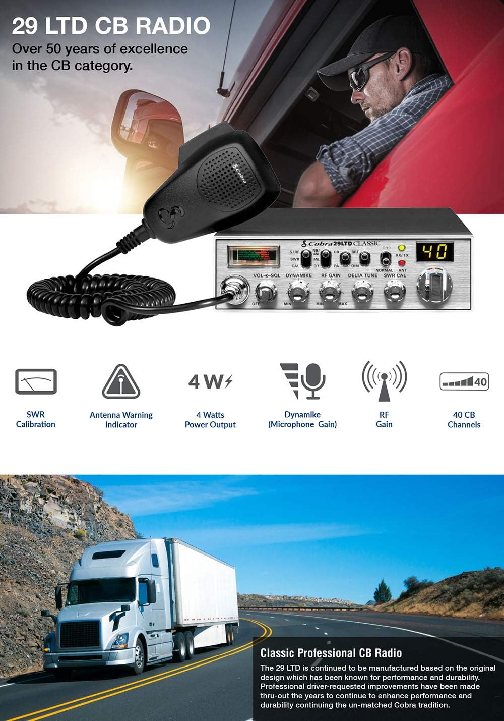 Cobra 29LTD Professional CB Radio - Emergency Radio, Travel Essentials, Instant Channel 9, 4 Watt Output, Full 40 Channels and SWR Calibration: Car Electronics