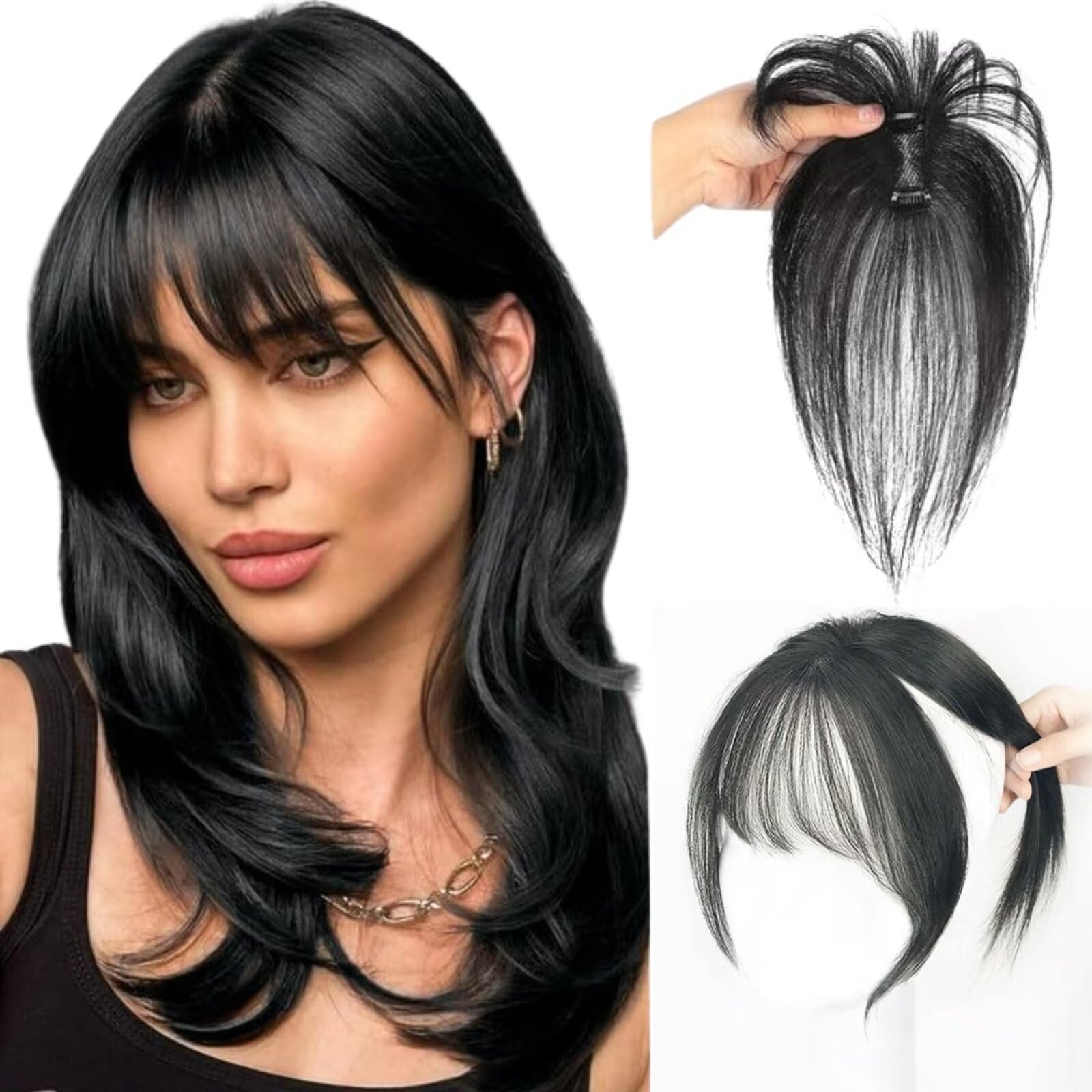 RUNRAYAY Vigorous Clip in Bangs 100% Real Human Hair Wipsy Fack Bangs Hair Clip, 360°Cover Natural Black Clip on Bangs for Women Hairpieces Curved Bangs for Daily Wear (Nature Black)