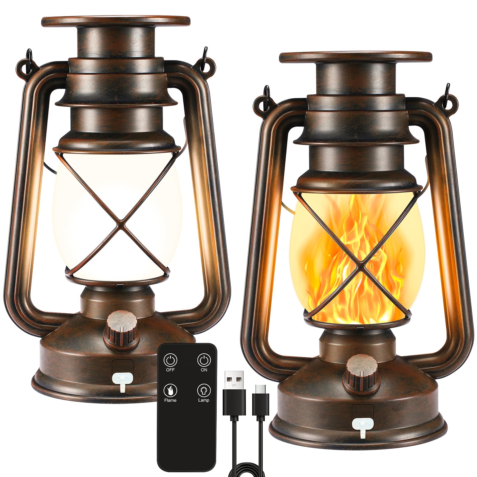 Solar Lantern Outdoor, Hanging Solar Lights Flickering Flame LED Vintage Lantern, Waterproof Camping Lamps, Auto On/Off Landscape Decor for Patio Garden Yard Pathway Porch, Rechargeable Lantern 2 Pack