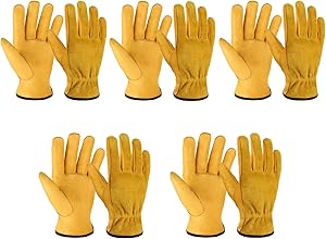 5Pair Leather Work Gloves Cowhide Garden Glove for Wood Cutting/Yard Gold,Large