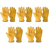 OZERO 5Pair Leather Work Gloves Cowhide Garden Glove for Wood Cutting/Yard Gold,Large