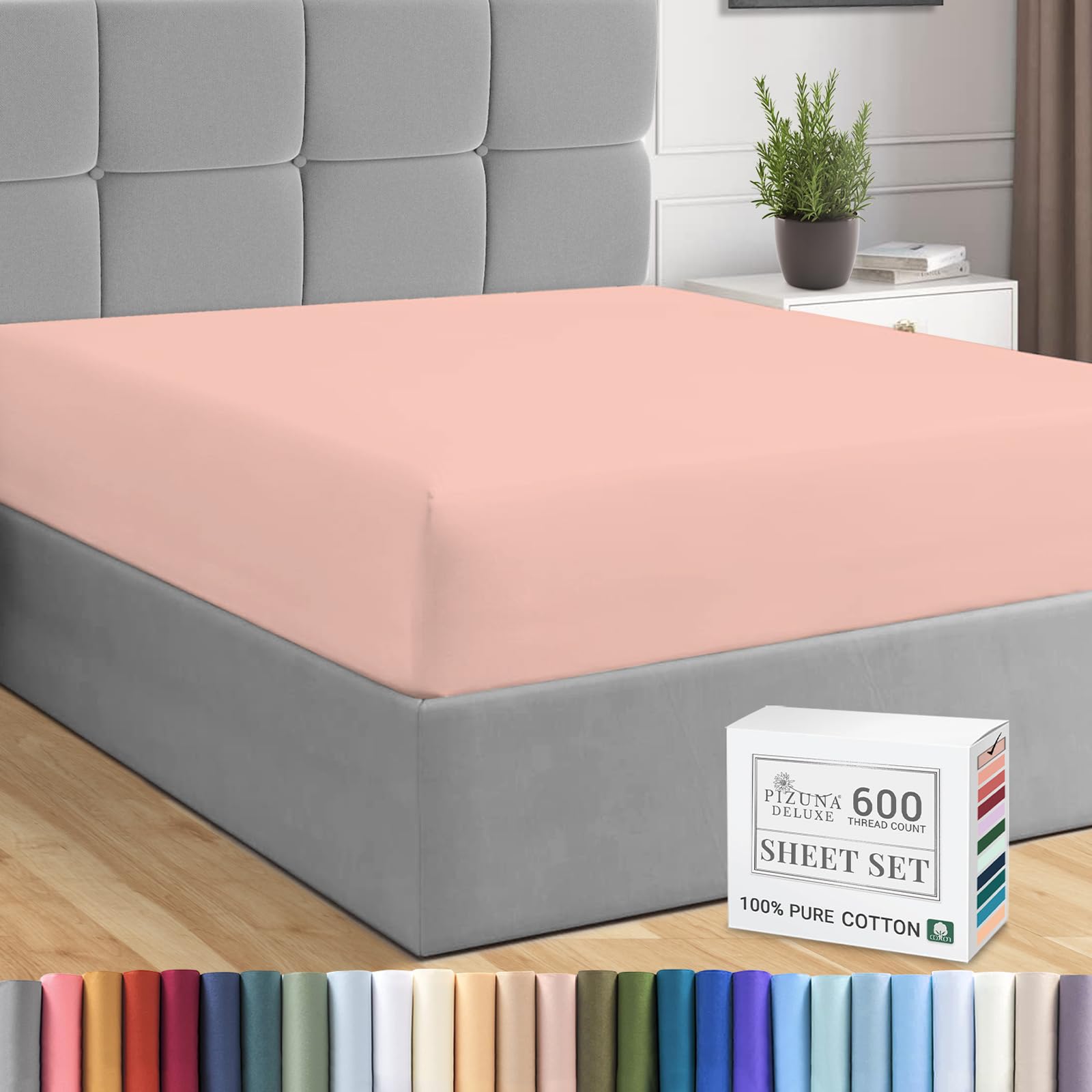 Pizuna Pure Combed Cotton Fitted Sheets Rose Pink, 600 Thread Count 100% Long Staple Cotton Emperor Fitted Sheets 200x200cm, Sateen Weave Emperor Fitted Sheet Extra Deep 40 cm 1 PC — image 1