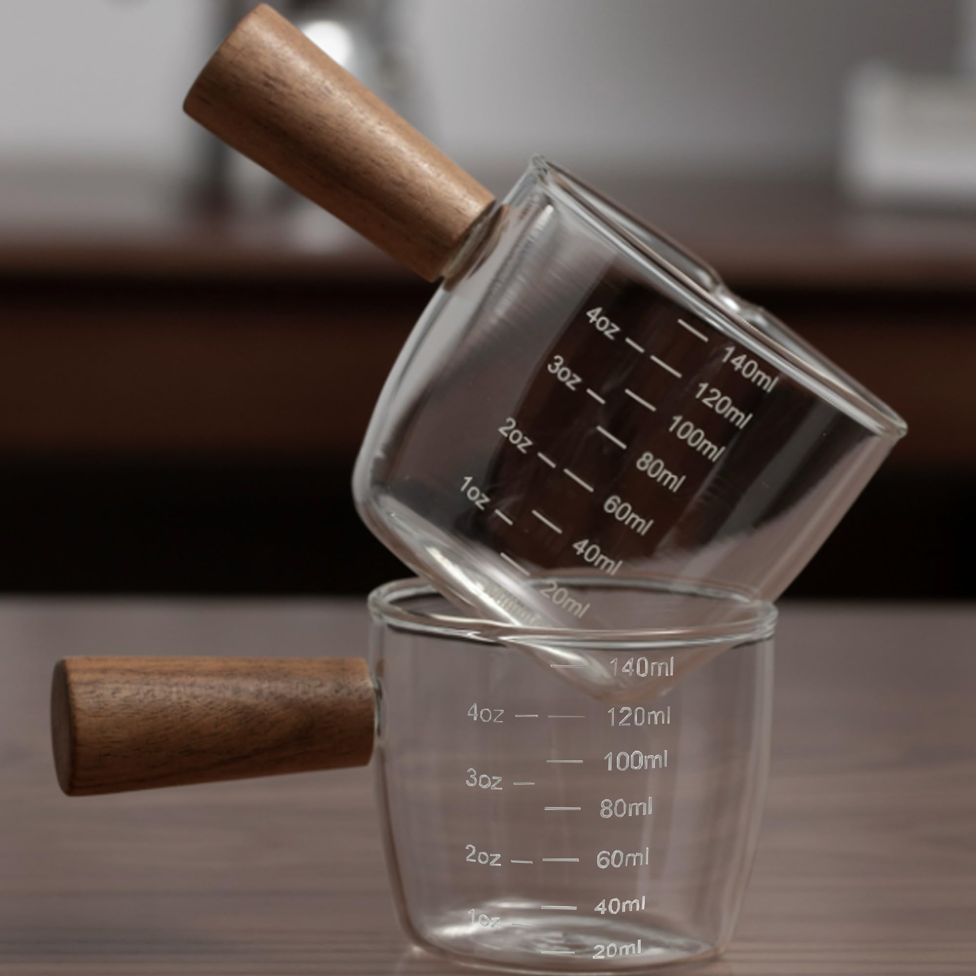 SUQ 2Pcs Glass Milk Cup, Small Espresso Coffee Cup, Glass Sauce Dish, Multi-Functional Wood Handle Cup, Creamer Jugs Sauce Pitcher, for Coffee Tea Maple Syrup Honey（150ml）