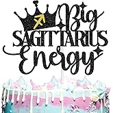 Big Sagittarius Energy Cake Topper, Happy Birthday Cake Decor for Sagittarius, 12 Constellation Zodiac Theme Birthday Party Decorations Supplies, Black Glitter
