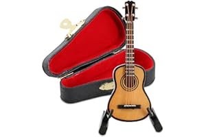 EASTROCK Miniature Guitar Model, 3.15in Mini Wooden Guitar Musical Instrument Model with Stand and Black Leather Case, Mini Ornaments Craft Decor for Home Office Birthday Gift