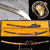 41 Inch Handmade Japanese Tachi Sword - T10 Carbon Steel Clay Tempered Blade with Real Hamon - Orange Scabbard - Collectible, Martial Arts Practice, Cosplay Katana