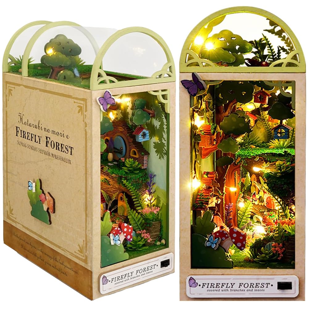 3D Jungle Hut Wooden Book Stand Puzzle DIY Dollhouse Wood Bookends Book Nook Model Building Kit with LED Light for Teens and Adults to Build-Creativity Gift for Birthdays Christmas Halloween