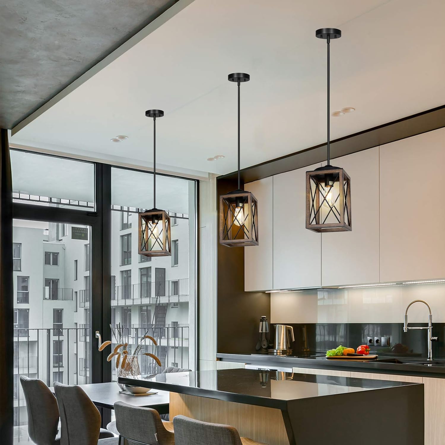 DEWENWILS Farmhouse Pendant Light, Metal Hanging Light Fixture with Wooden Grain Finish, 48 Inch Adjustable Pipes for Flat and Slop Ceiling, Kitchen Island, Bedroom, Dining Hall, E26 Base, ETL Listed - - 
