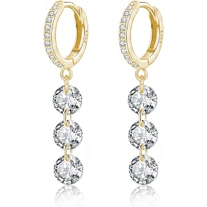 Reffeer Solid 925 Sterling Silver CZ Hoop Dangle Earrings for Women Teens Three Cubic Zirconia Dangle Earrings Crystal Huggie
