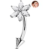 Melighting 16G Flower Rook Piercing Jewelry Surgical Steel 316L, Marquise CZ Eyebrow Ring, 8 mm Silver Vertical Labret Lip Jewelry, Lotus Cartilage Helix Earring for Women
