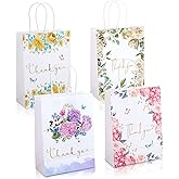 Kesote Small Thank You Gift Bags 12 Pack Floral Design Thank You Bags with Handles, 8.6" X 6.2" X 3" White Kraft Paper Bags Favor Bag Gift Bags for Small Business Wedding Bridal Shower Baby Shower
