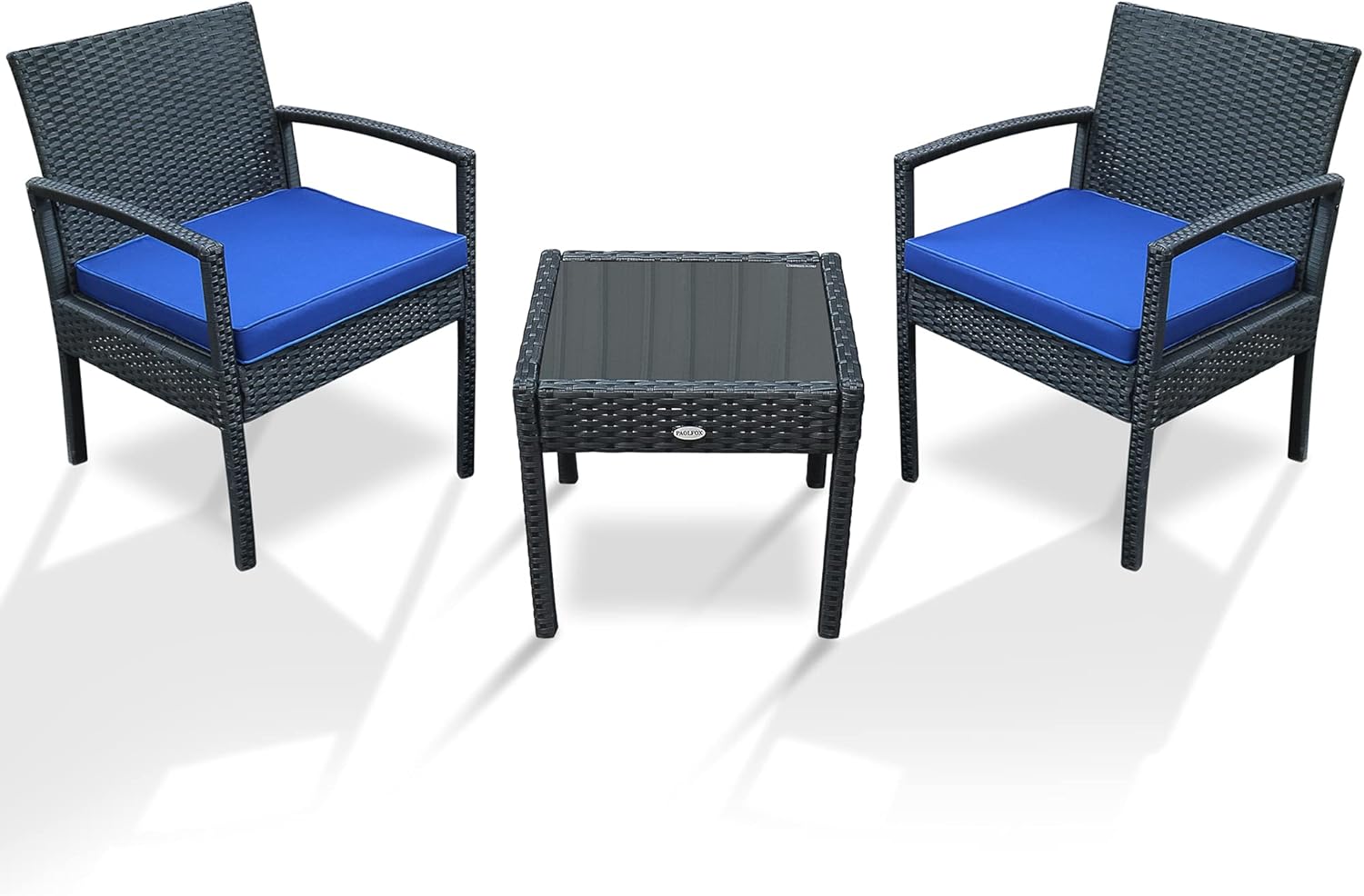 PAOLFOX 3 Pieces Patio Rattan Furniture Set,Outdoor Conversation Set w/Weather Resistant Cushions Tempered Glass Tabletop for Garden, Lawn Pool, Backyard, Poolside (Blue): Garden & Outdoor