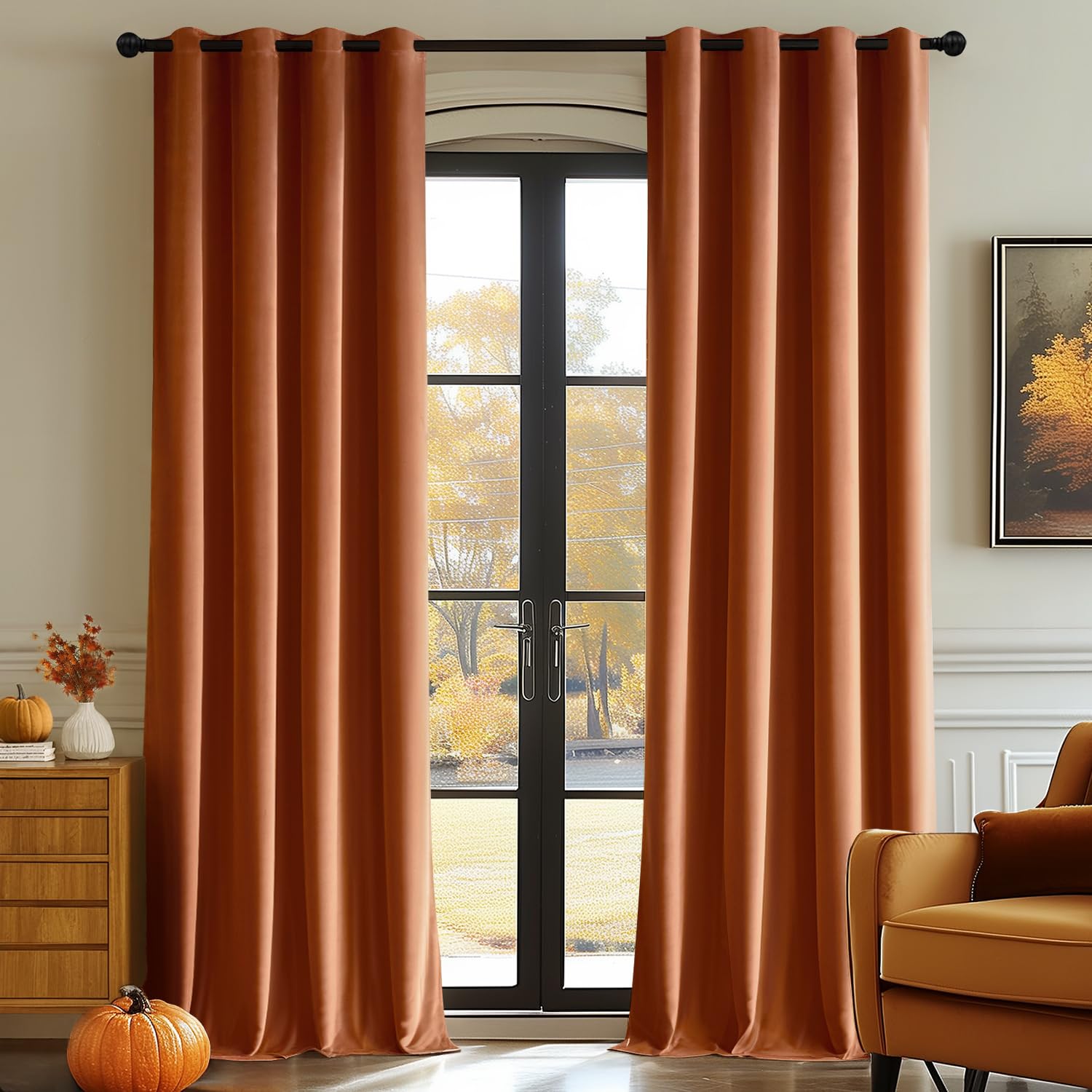 MIULEE Burnt Orange Velvet Curtains for Autumn Bedroom Decor 2 Panel Set 90 Inch Drop, Sun Blocking Room Darkening Rust Coloured Curtain 46x90, Soft Elegent Fall Decorations Curtains Living Room