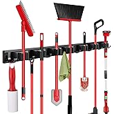 SLIIMU Movable 30'' Broom and Mop Holder Wall Mount with Sliding 7 Racks 8 Hooks, Storage Organizer Wall Hanger, Cleaning Tool Hanging Grippers for Kitchen Bathroom Garden Garage Laundry Home Closet