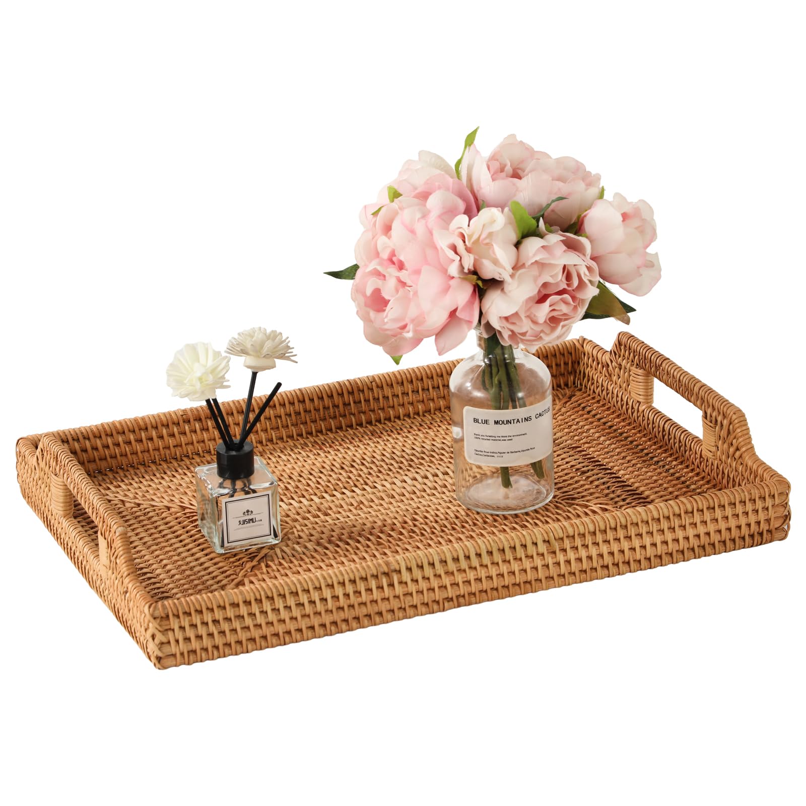 Photo 1 of 17'' Rattan Serving Tray Rectangle with Handles, Vintage Wicker Table Tray for Decor, Boho Hand Woven Seagrass Coffee Table Basket Tray for Ottoman, Breakfast, Bathroom, Outdoor
