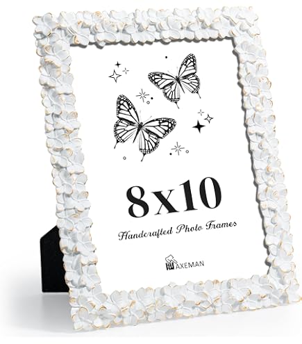 Laura Ashley 8x10 Floral Resin Picture Frame - White & Silver Textured Design W/ Easel & Hook