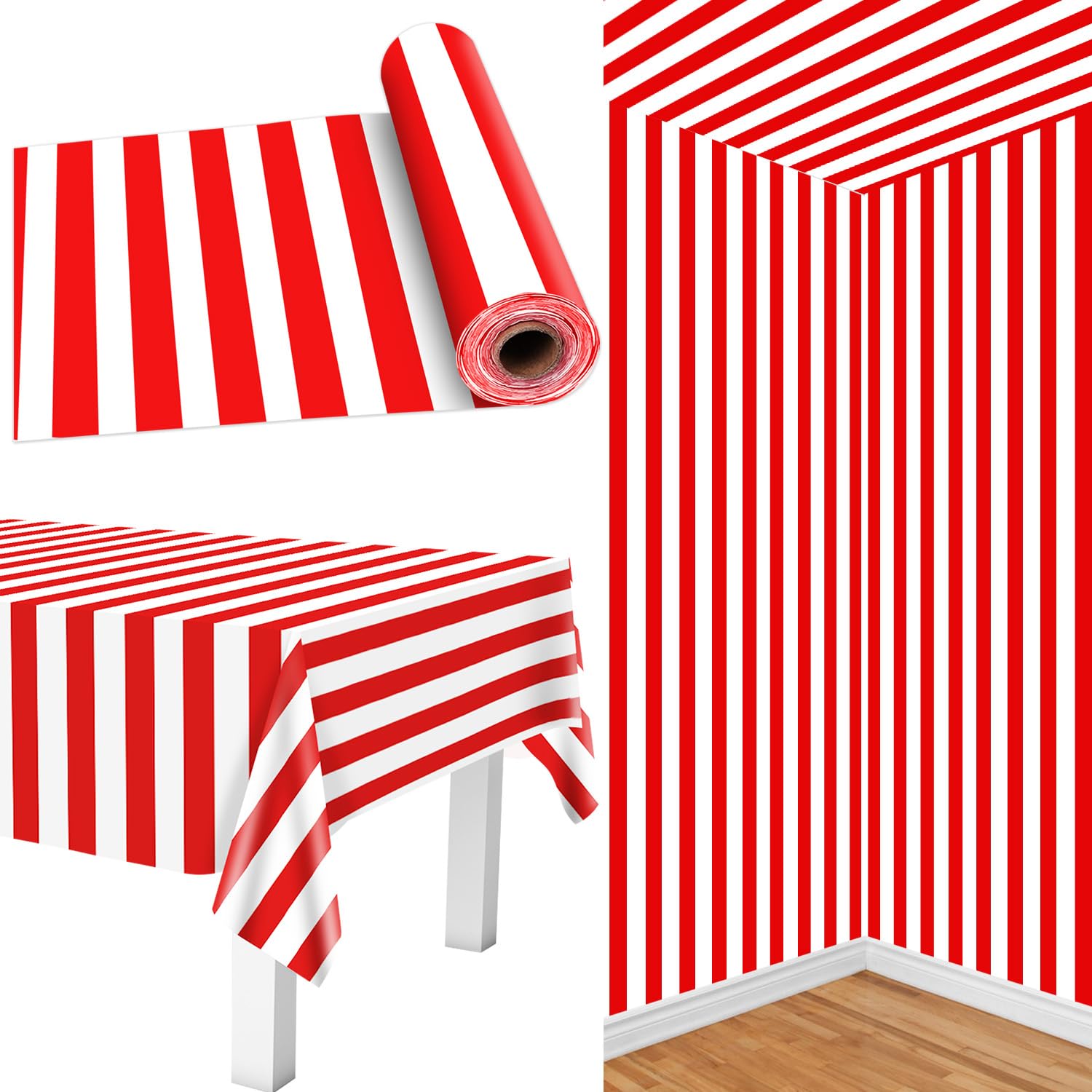 Photo 1 of PIXHOTUL Carnival Tablecloth Roll 100 Ft Red and White Striped Tablecloth Red Plastic Table Cover Carnival Theme Party Decorations for Birthday Movie Night Halloween Circus Backdrop